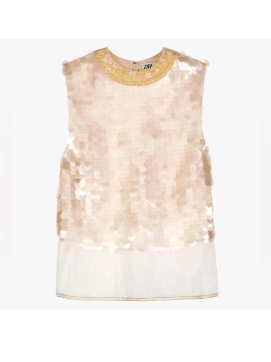 Zara Tops - Zara Sleeveless Limited Edition Oyster-Cream / gold Silk Sequin Top size XL